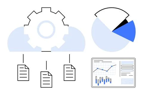 Cloud Data Management with Gear, Pie Chart, and Analytics Dashboard Elements Illustrazione stock