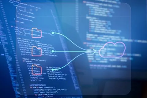 Cloud Data Migration Interface with Source Code and File Transfer Stock Photos