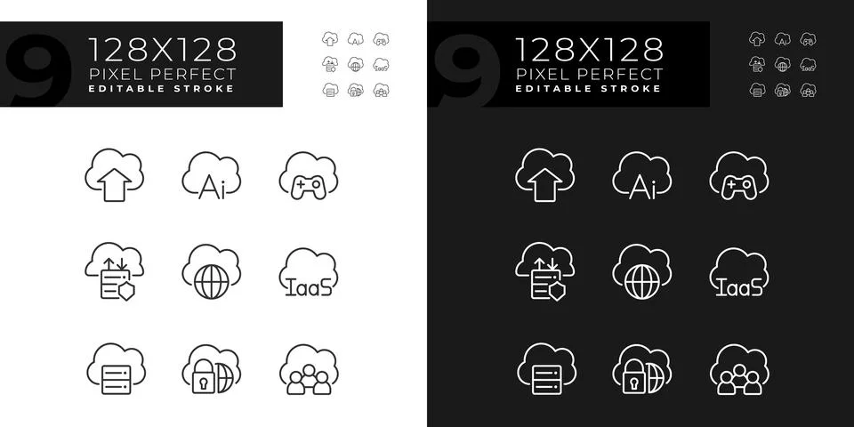Cloud for data processing pixel perfect linear icons set for dark, light mode Stock Illustration