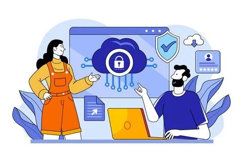 Cloud data protection Illustration concept on white background Illustrazione stock