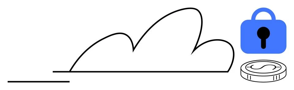 Cloud Data Security with Financial Protection Icon in Simple Line Art Style Stock Illustration