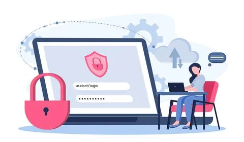 Cloud data security. Woman with laptop enters her username and password Stock Illustration