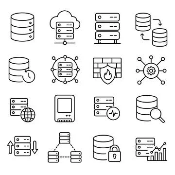 Cloud data server and network security firewall line icon set Stockillustratie