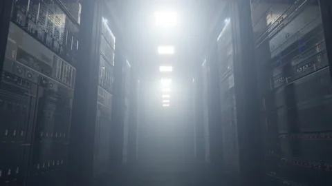 Cloud data server panels in a server room of a data center in haze. Stock Footage 136237193