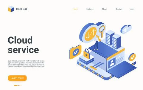 Cloud data service isometric landing page, user or admin using hosting server Stock Illustration
