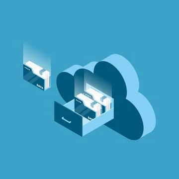 Cloud data storage 3d isometric business technology. Document drawer in cloud Stock Illustration