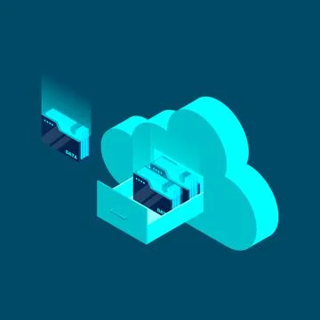 Cloud data storage 3d isometric business technology. Document drawer in cloud Stock Illustration