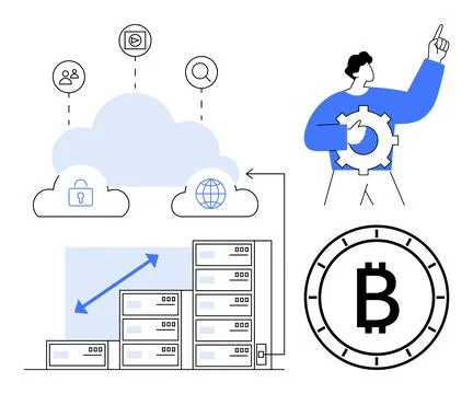 Cloud Data Storage and Bitcoin Concept with Network Security and Technical .. Stock Illustration