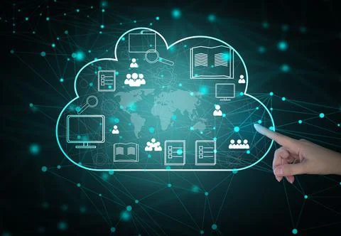 Cloud data storage and businessman's hand. Information exchange and secure da Stock Photos
