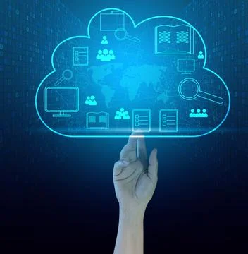 Cloud data storage and businessman's hand. Information exchange and secure da Stock Photos