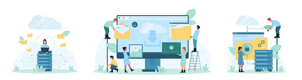 Cloud data storage and security set, tiny people upload folders and transfer Stock Illustration