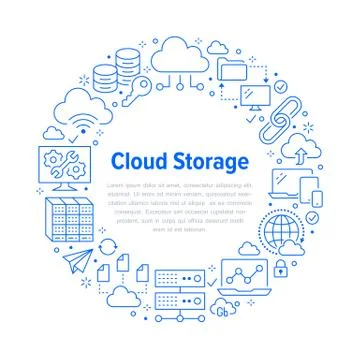 Cloud data storage circle poster with line icons. Database background Illustrazione stock