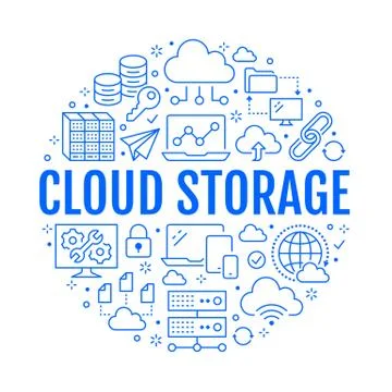 Cloud data storage circle poster with line icons. Database background Stock Illustration
