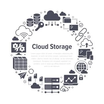 Cloud data storage circle poster with flat glyph icons. Database background Stock Illustration