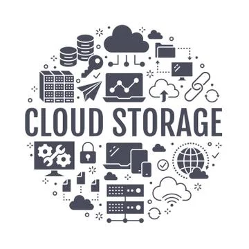 Cloud data storage circle poster with flat glyph icons. Database background Stock Illustration