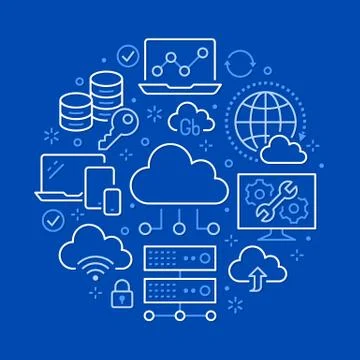Cloud data storage circle poster with line icons. Database background Illustrazione stock
