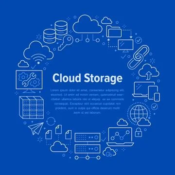 Cloud data storage circle poster with line icons. Database background Illustrazione stock