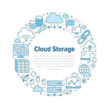 Cloud data storage circle poster with line icons. Database background Stock Illustration
