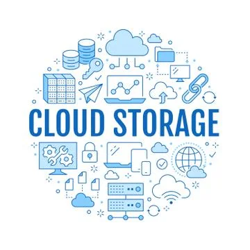 Cloud data storage circle poster with line icons. Database background Illustrazione stock