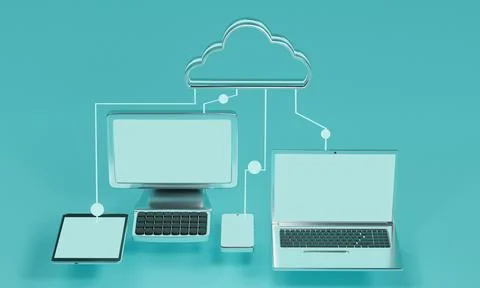 Cloud data storage concept with connected devices. 3d rendering Stockillustratie