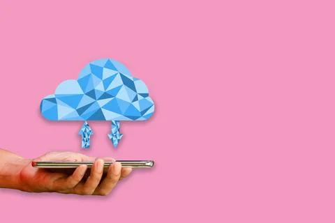 Cloud data storage concept. Hand-holding smartphone or mobile with Polygon .. Fotos Stock