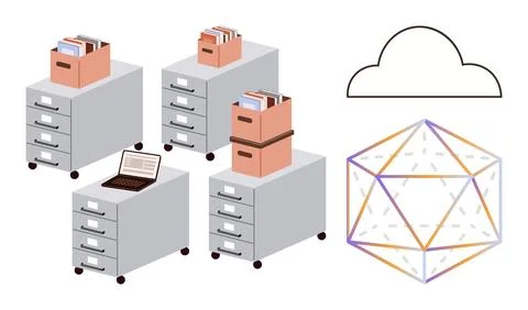 Cloud Data Storage Concept with Office Filing Cabinets and Geometric Stockillustratie