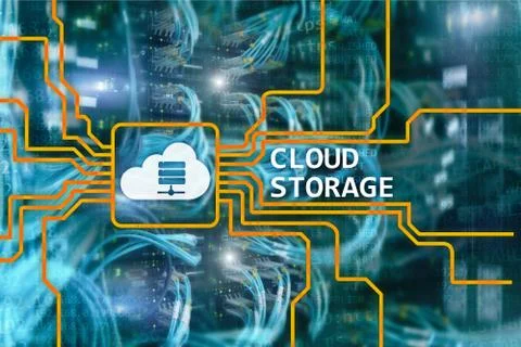 Cloud data storage concept on server room background. Illustrazione stock
