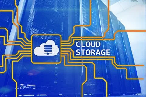 Cloud data storage concept on server room background. Illustrazione stock