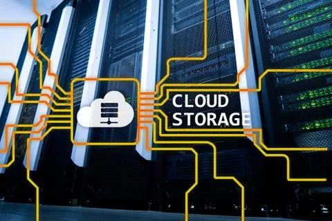 Cloud data storage concept on server room background. Illustrazione stock