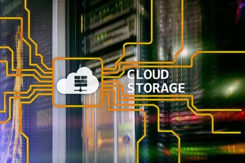 Cloud data storage concept on server room background. Illustrazione stock