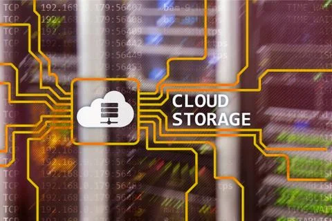 Cloud data storage concept on server room background. Illustrazione stock
