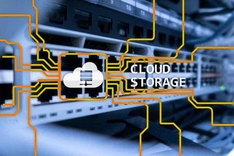 Cloud data storage concept on server room background. Illustrazione stock