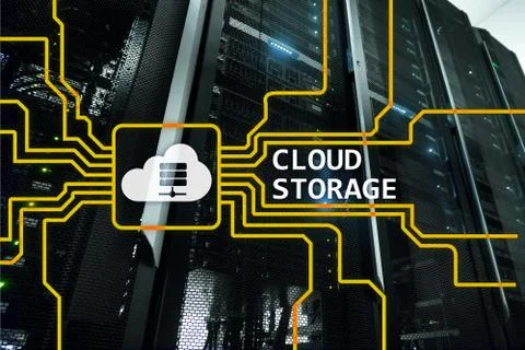 Cloud data storage concept on server room background. Illustrazione stock
