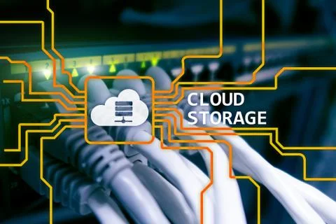 Cloud data storage concept on server room background. Illustrazione stock