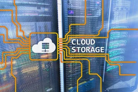 Cloud data storage concept on server room background. Illustrazione stock