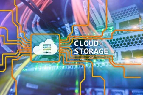 Cloud data storage concept on server room background. Illustrazione stock