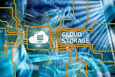 Cloud data storage concept on server room background. Illustrazione stock