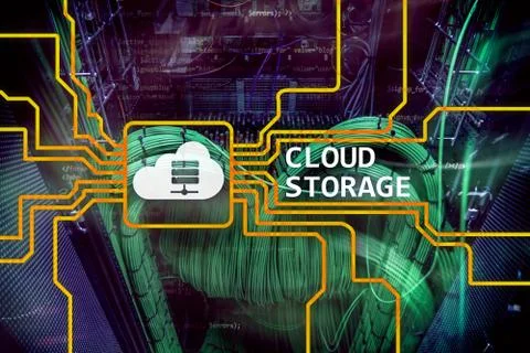 Cloud data storage concept on server room background. Illustrazione stock
