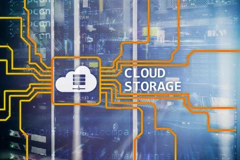 Cloud data storage concept on server room background. Illustrazione stock
