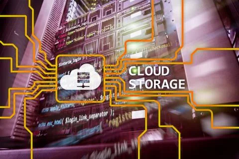 Cloud data storage concept on server room background. Illustrazione stock