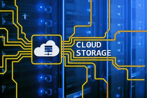Cloud data storage concept on server room background. Stock Photos