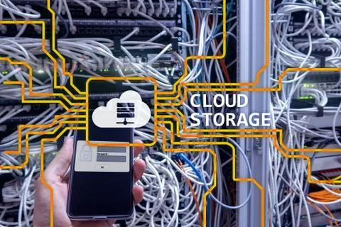 Cloud data storage concept on server room background. Stock Photos