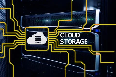 Cloud data storage concept on server room background. Stock Photos