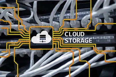 Cloud data storage concept on server room background. Stock Photos