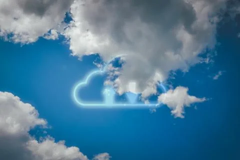Cloud data storage concept. White cloud and arrow on blue sky background wi.. Stock Photos