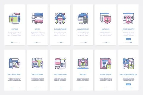 Cloud data storage, database cybersecurity UX, UI onboarding mobile app page Stock Illustration