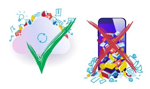 Cloud data storage database online advantage over phone memory concept green Stock Illustration