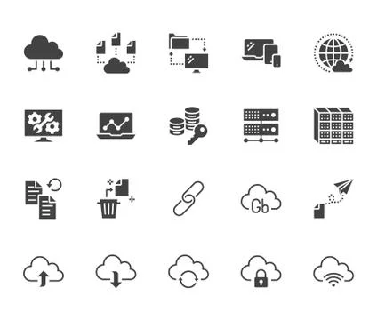 Cloud data storage flat glyph icons set. Database, information storage, server Illustrazione stock
