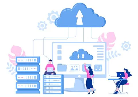 Cloud Data Storage Hosting Research Illustration For Information Database Sta Stockillustratie