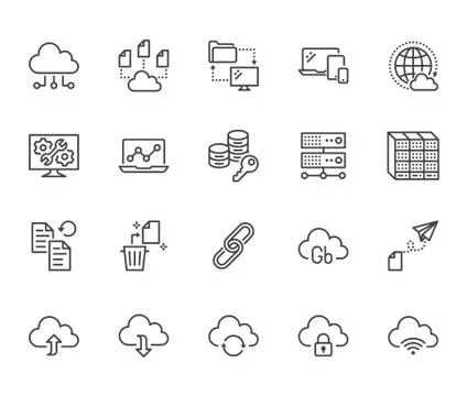 Cloud data storage line icons set. Database, information storage, server center イラスト素材